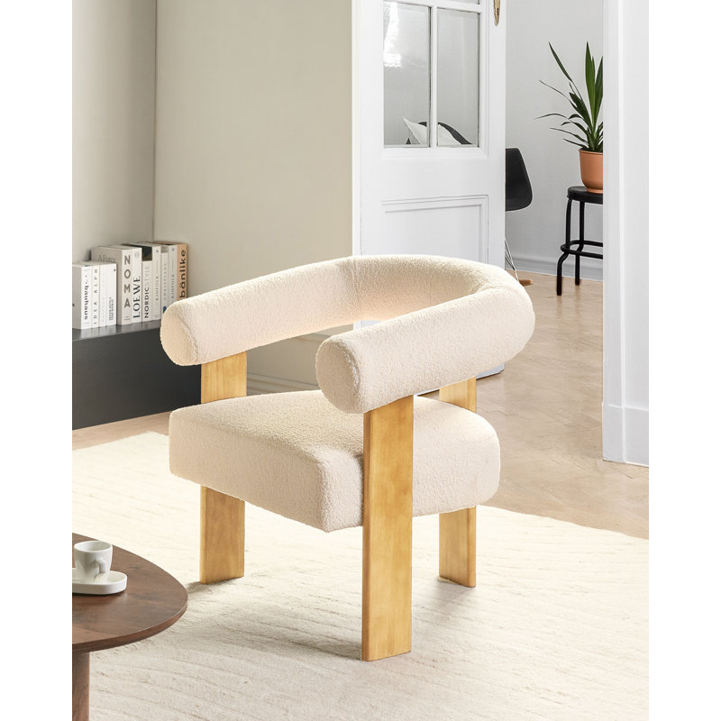 Upholstered Boucle Armchair, White, Beige Wood