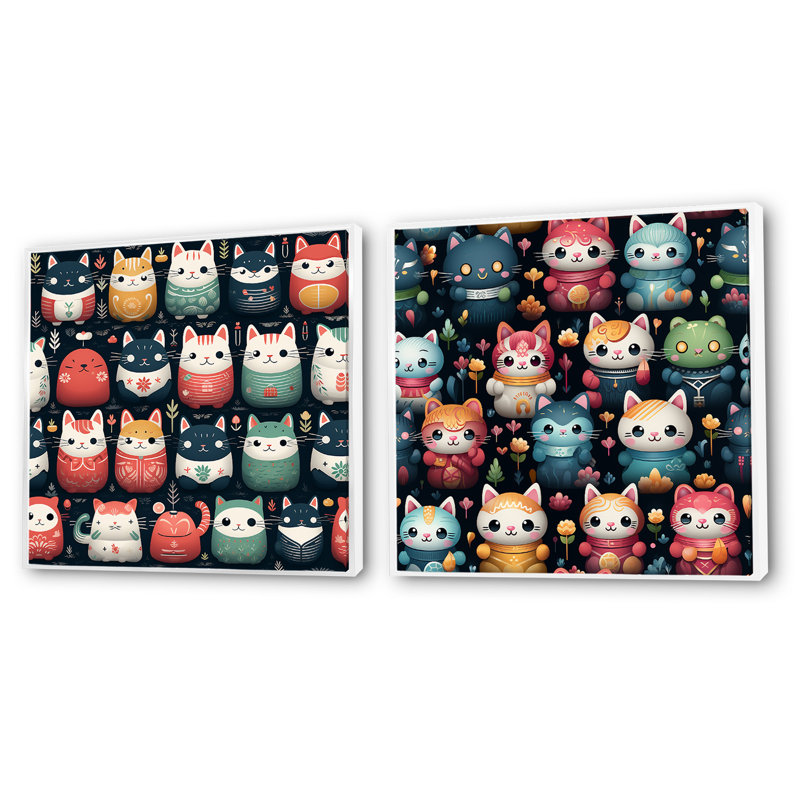 Maneki Neko, chat porte-bonheur pour enfants, ensemble de 2 collages carrés, Cadre flottant blanc, H 16 po x l 33 po