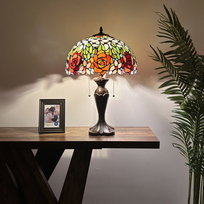 Godric Tiffany Table Lamp Stained Glass Rose Flowers LED Bulbs Included 16"W*16"D*24"H, Green
