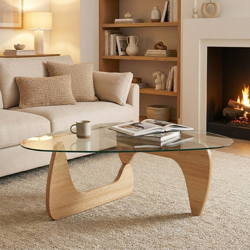 Table basse moderne en verre 16,5 po H avec base en bois massif, Transparent/noir, Natural