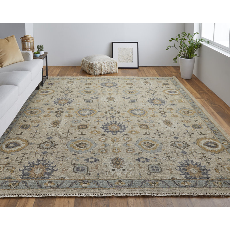 Tapis oriental en laine noué à la main brun clair / bleu / or, Rectangle 3 pi 6 po x 5 pi 6 po