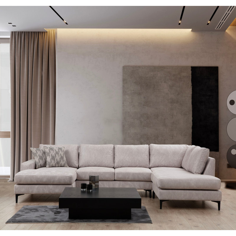 Stylish Corner Sofa, Beige Fabric, 61.0 x 123.6 x 78.7 inches | 100% Polyester Upholstery, Beech Wood & Chipboard Frame | Soft Grey Foam & Silicone Back Cushion | Matt Black Plastic Legs | Dry-Cleanable & Comfortable Design
