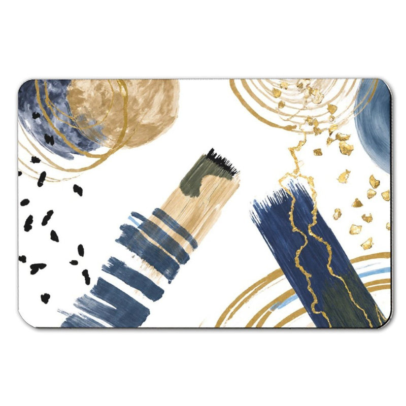 Abstract Gold Blue Brushstroke, Bath Mat, 16 X 24 Inches
