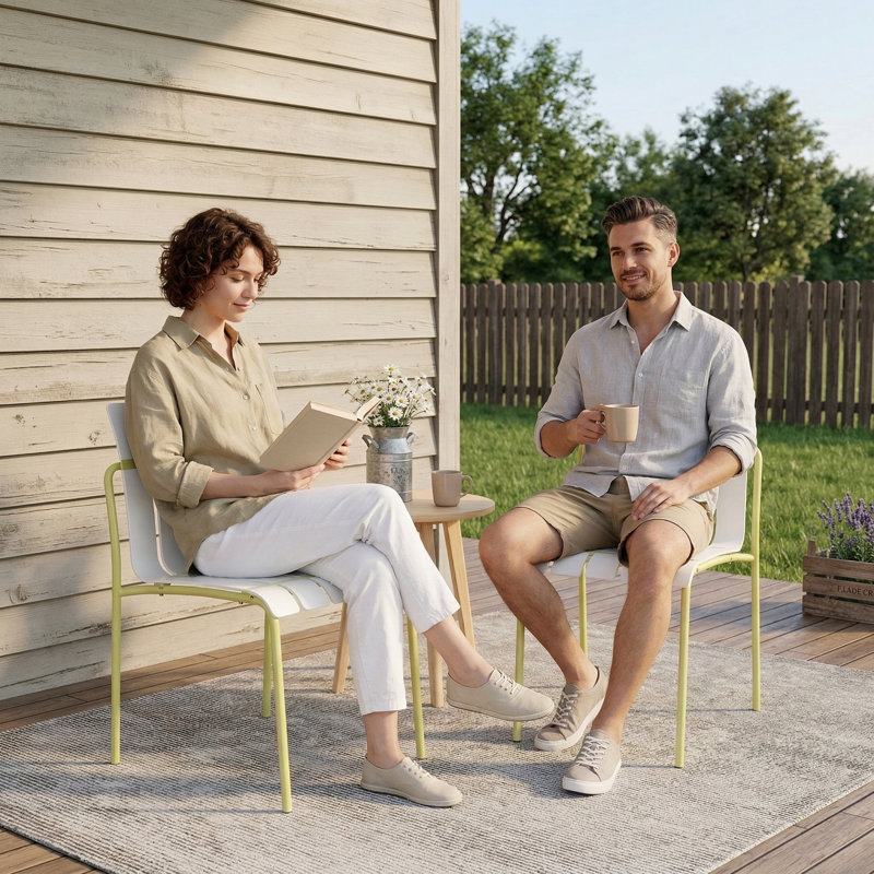 Ensemble de quatre chaises à blocs de couleur à rayures modernes, comprenant un siège en polypropylène imperméable et des pieds en métal robustes, convenant comme chaises de salle à manger intérieures / extérieures pour les patios, balcons et cafés - Coloris blanc et jaune