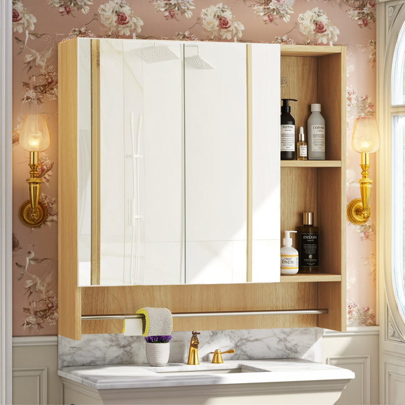 Armoire de toilette murale à miroir avec porte-serviettes, rangement dissimulé et ouvert, Naturel