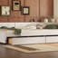 Grand lit plateforme tapissier avec port USB et 2 tiroirs, base de lit