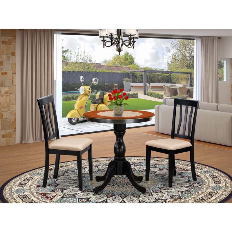3 Piece Dining Set for Small Spaces Contains a Round Dining Room Table with Pedestal and 2 Linen Fabric Upholstered Chairs, Black & Cherry