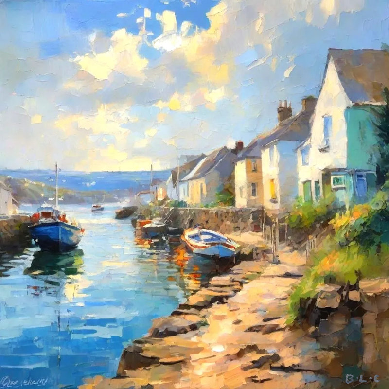 «Seaside Morning - Impressionist Coastal Village», art mural sur toile, H 30 po x l 30 po