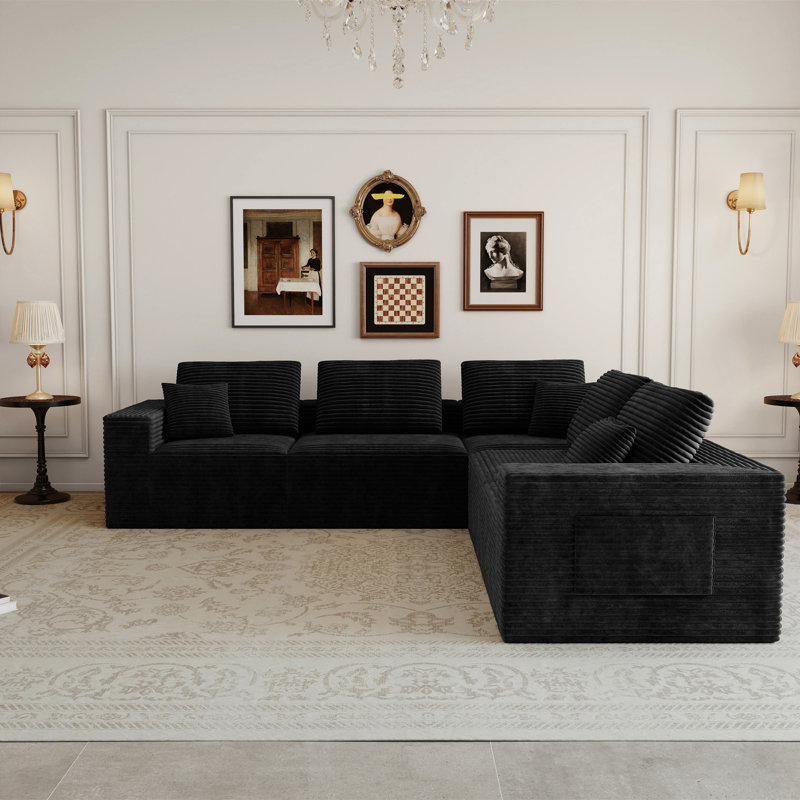 Canapé modulaire modulaire avec velours côtelé moelleux, aucun assemblage requis, combinaison gratuite de 5 pièces pour le salon et la chambre à coucher, noir