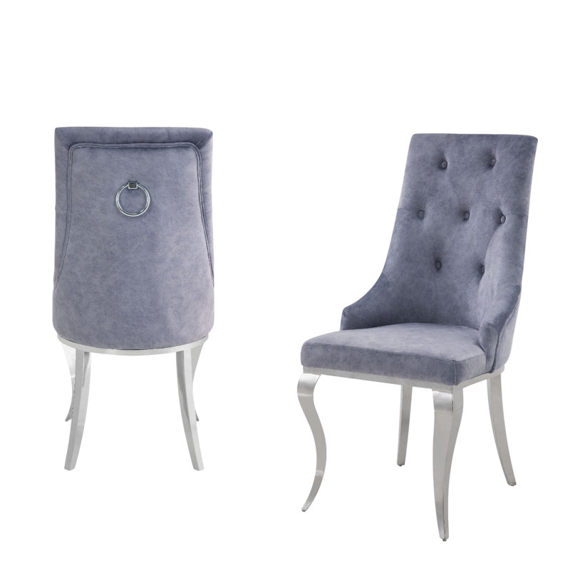 Ensemble de deux chaises d'appoint de salle à manger capitonnées en tissu gris et argent