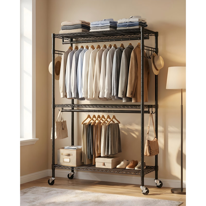 Heavy‑Duty Rolling Clothes Rack with Double Hanging Rods