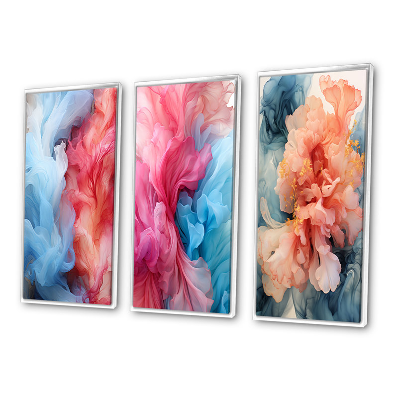 Liquid Purity Ink Wave Abstract In Red & Blue - Abstract Liquid Ink Art Set Of 3 Pieces, Cadre flottant blanc