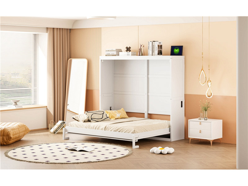 Lit escamotable en bois, Lit double, Blanc
