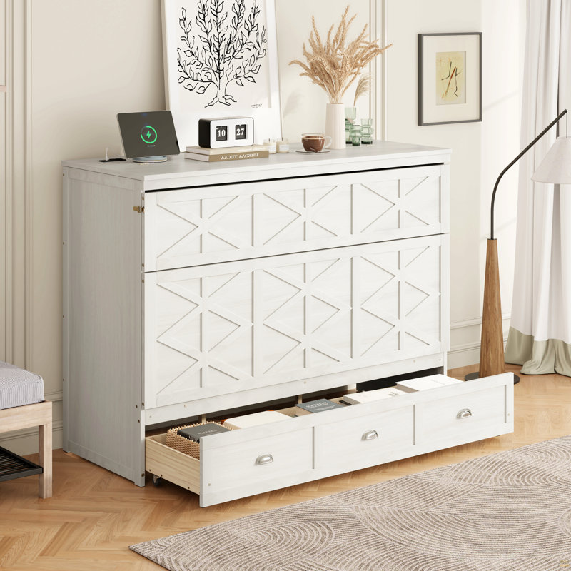 Grand lit escamotable avec grands tiroirs et USB, blanc brossé, Blanc