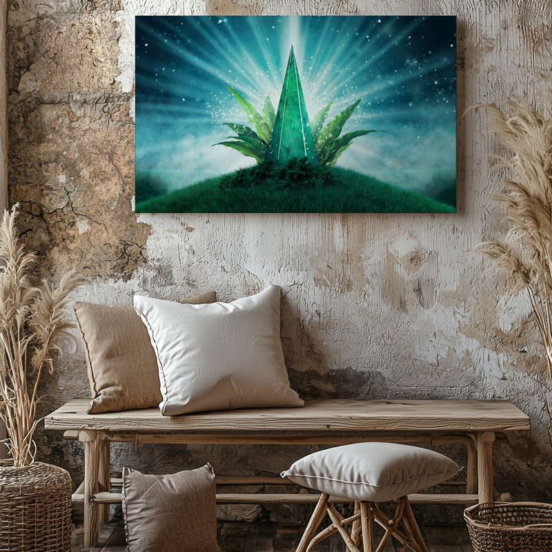 Toile, un cristal vert mystique se tient en évidence sur un petit art mural entouré d'un feuillage éclatant illuminé par une toile