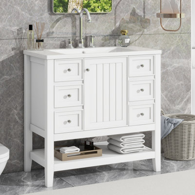 Meuble-lavabo 36 po Modern Farmhouse - Structure en bois massif et en panneau de fibres à densité moyenne, 3 tiroirs et 2 portes à fermeture en douceur, tablette réglable et lavabo en céramique