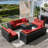11 Pieces Rattan Patio Furniture Conversation Set with 43" Gas Propane 50000 BTU Fire Pit Table Outdoor Sectional Sofa for Backyard-1643130349