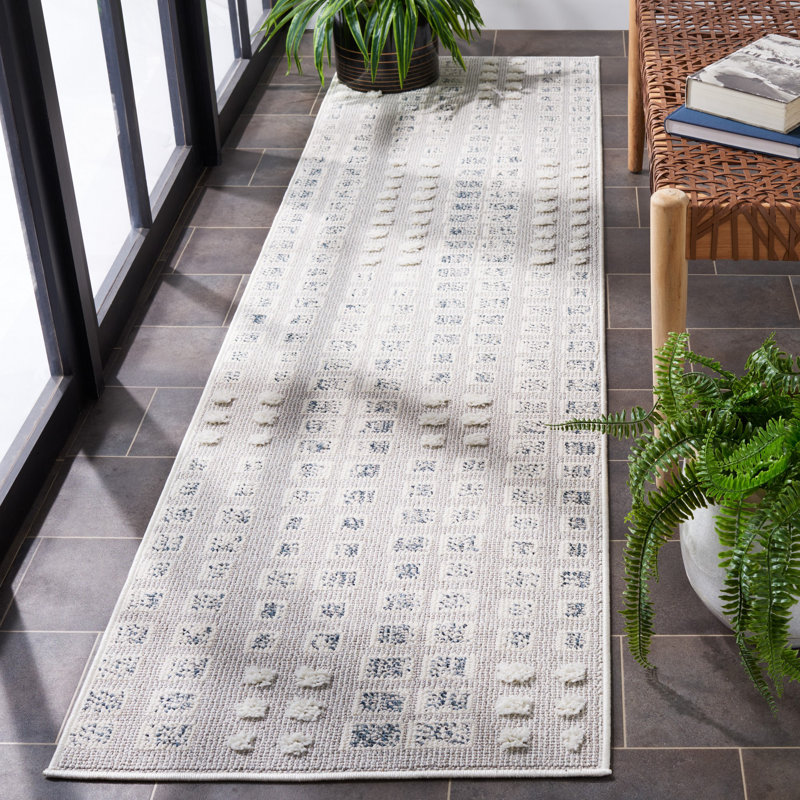 Tapis géométrique Delu fabriqué à la machine en gris / ivoire, Tapis de couloir 2 pi 2 po x 8 pi