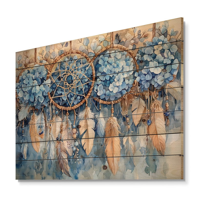 Hortensias et attrape-rêves - impression d'hortensias sur bois de pin naturel, H 10 po x l 20 po