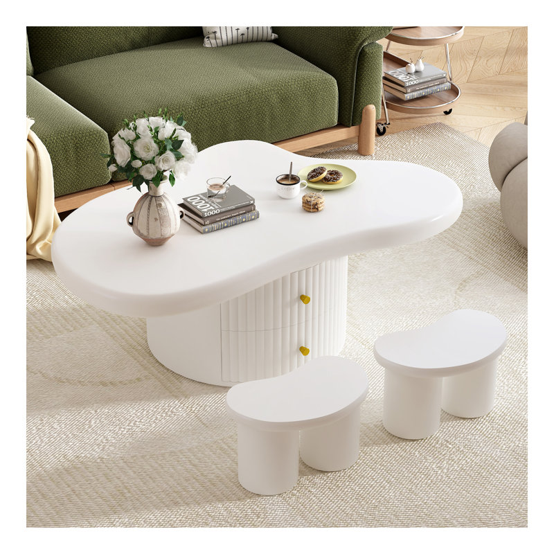 Ensemble de 3 tables basses Cloud, de forme irrégulière avec 2 tiroirs et 2 petits tabourets de salon