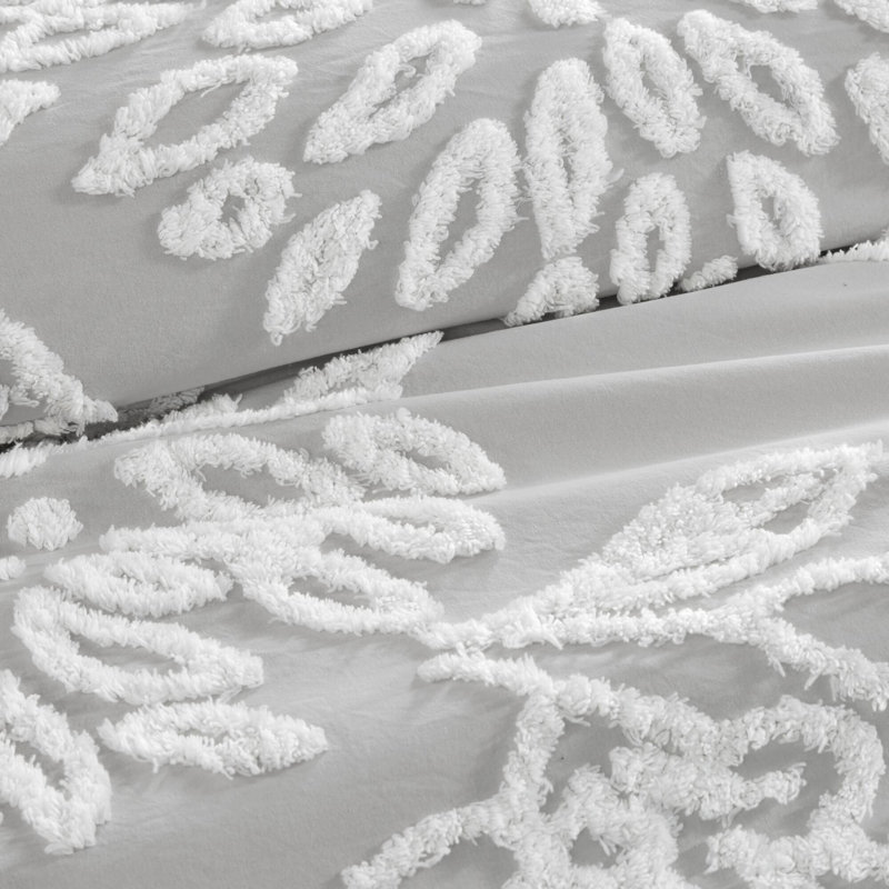 Ensemble d'édredon en chenille de coton Askey, Courtepointe très grand / très grand californien, Gris chaud / blanc