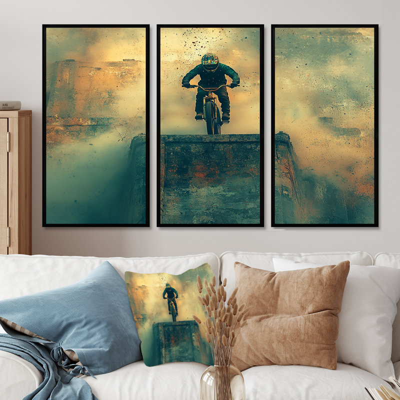 Green Freestyle Bmx Bike Tricks - ensemble d'art mural vélo, Toile avec cadre flottant noir, H 28 po x l 36 po x P 1 po
