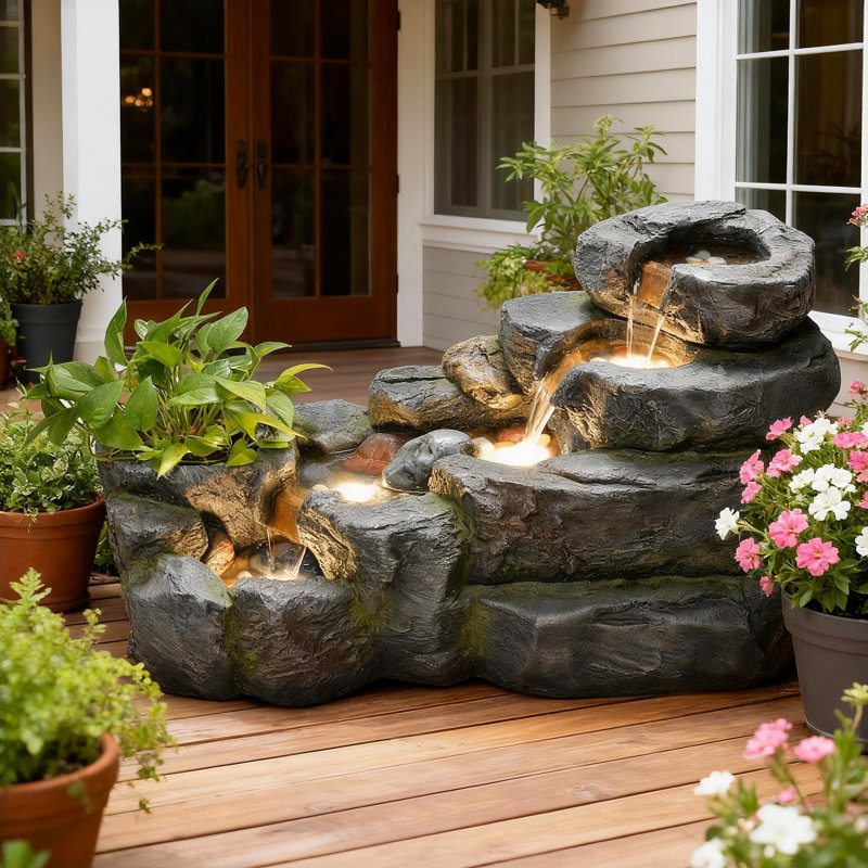 38.2" L Garden Water Fountain Outdoor, 5 Tiered Rock River Waterfall Fountains Natural Water Feature Floor Standing Water Fall Fountains Outside With Led Light For Patio, Backyard, Landscape (grey)