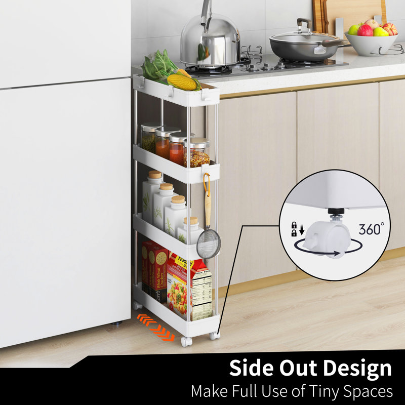 White Plastic and Stainless Steel 4-Tier Slim Storage Cart