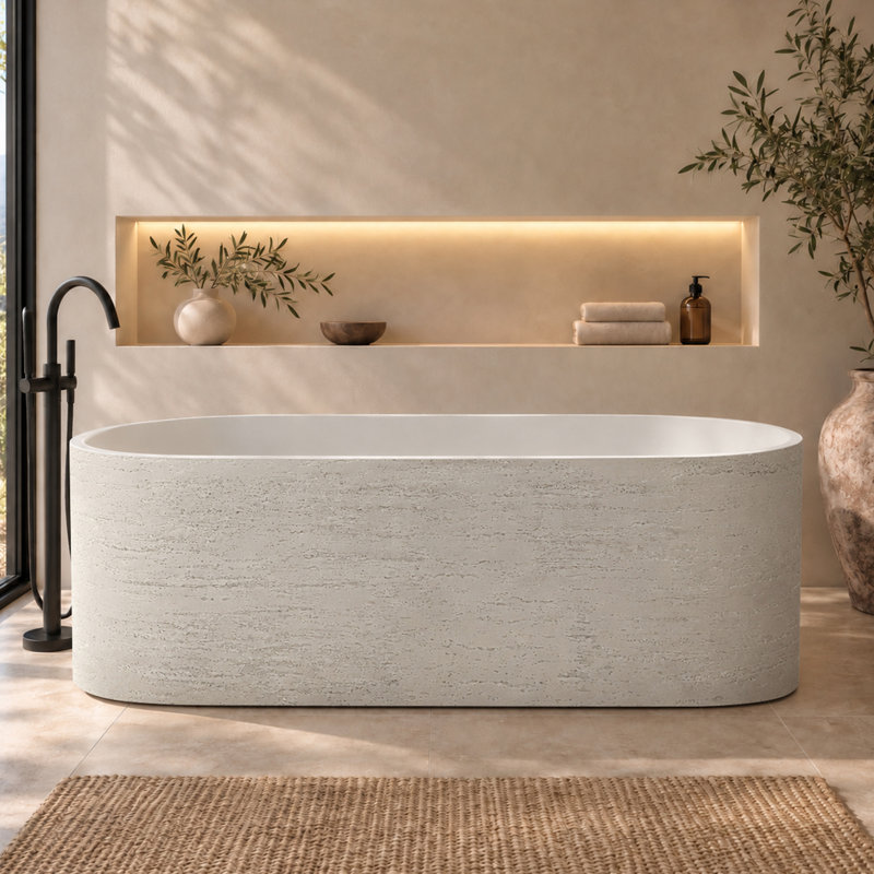 Baignoire d'extérieur autoportante Forma 66'' en pierre à surface solide, baignoire profonde avec trop-plein