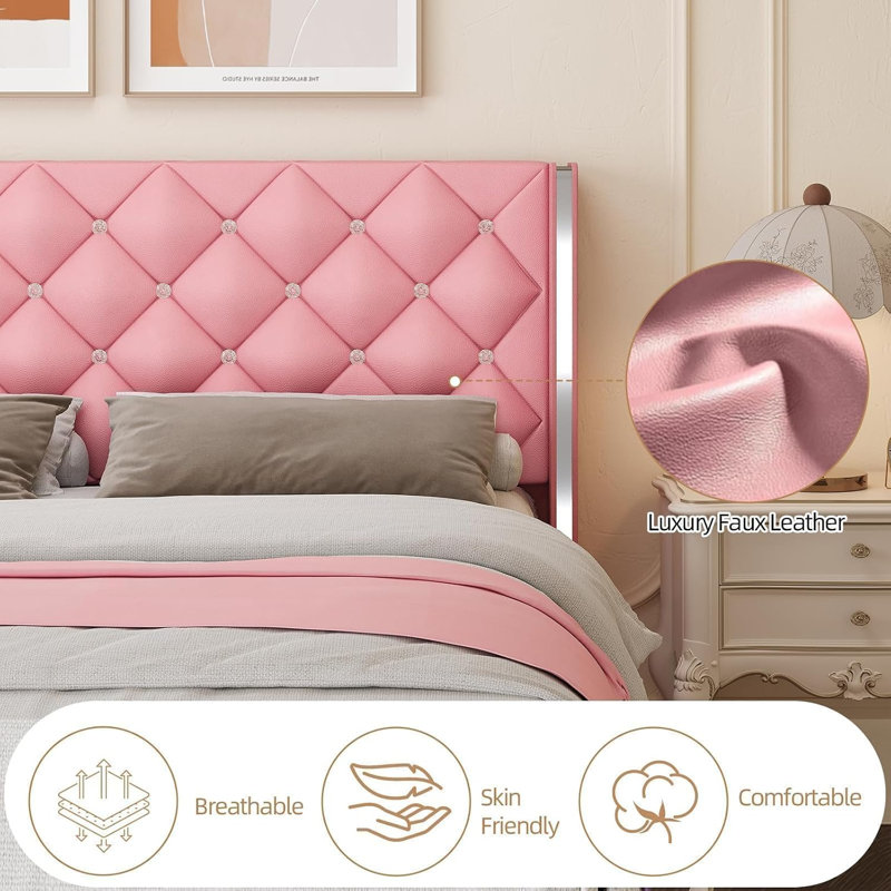Ensemble de lit 3 pièces en cuir PU ou en velours et table de chevet DEL, Rose, Lit simple