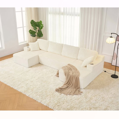 Canapé modulaire en forme de U modulaire, grand canapé en velours côtelé avec ressorts ensachés et mousse haute densité, ensemble de bricolage convertible 4 pièces avec porte-gobelets en métal, poches de rangement et dossier antidérapant - beige