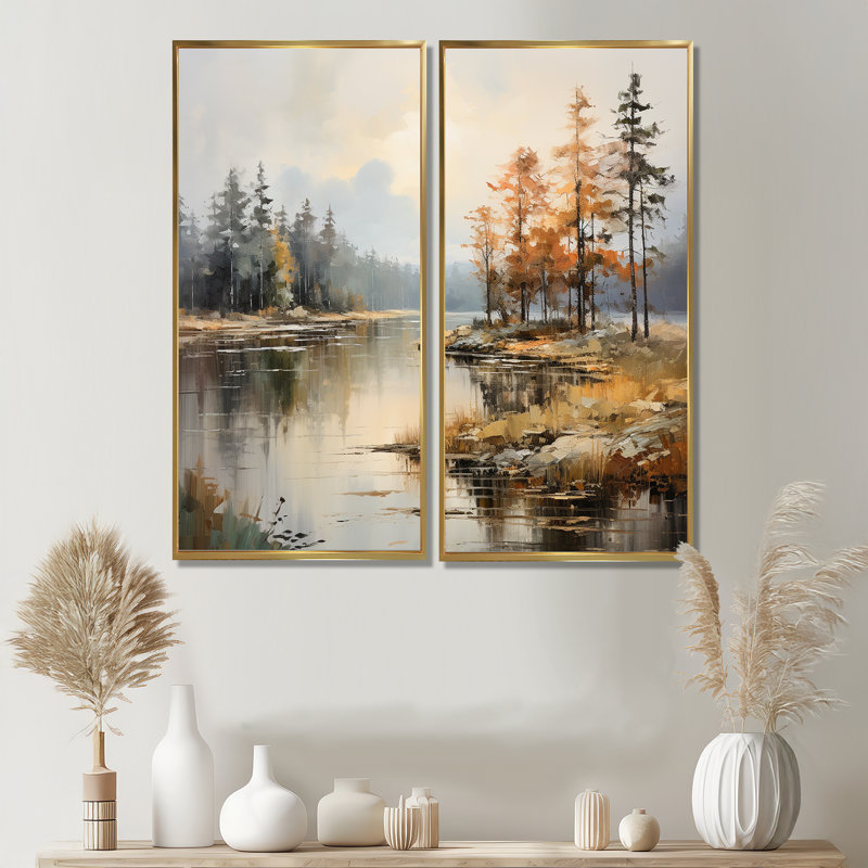 Art mural sur toile Lakeside Fall Foliage Serenity II, Impression encadrée flottante sans passe-partout, H 32 po x l 32 po