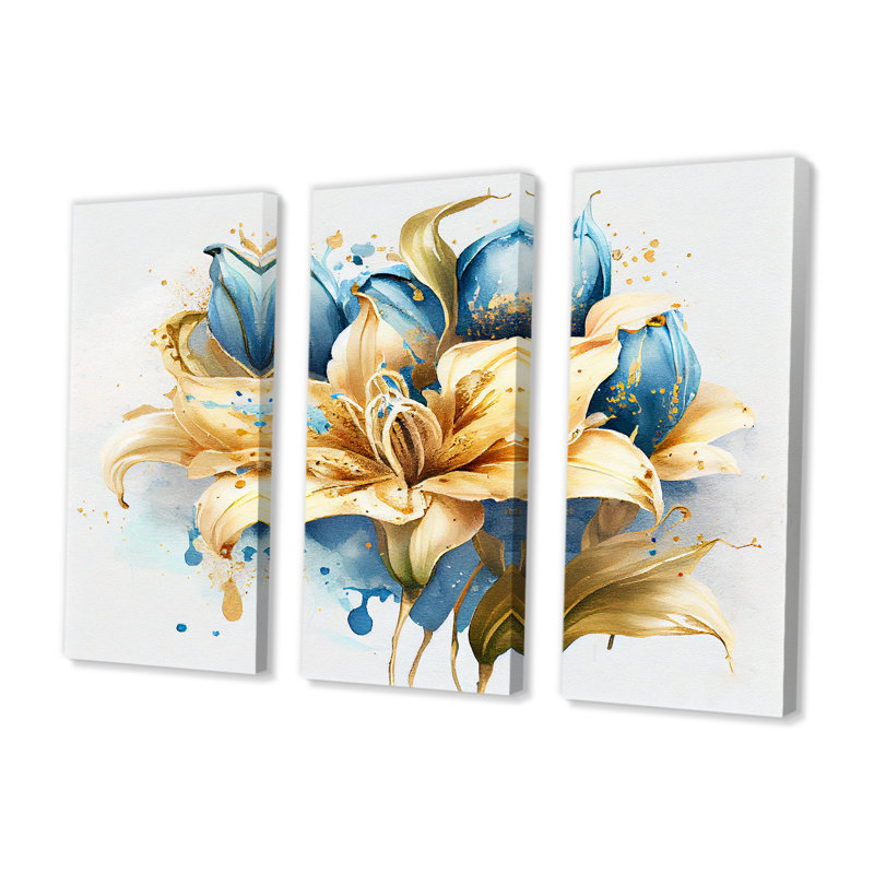 «Gold and Blue Lily Bouquet I», reproduction sur toile 3 pièces, H 28 po x l 36 po x P 1 po, Toile tendue