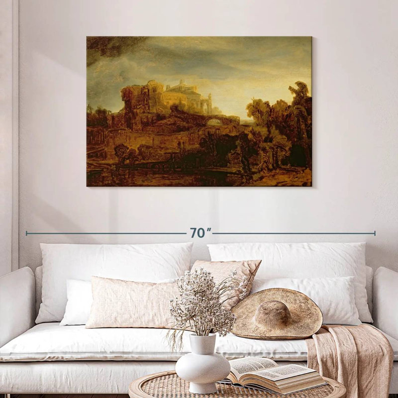 Lilie paysage avec un château, H 30 po x l 45 po