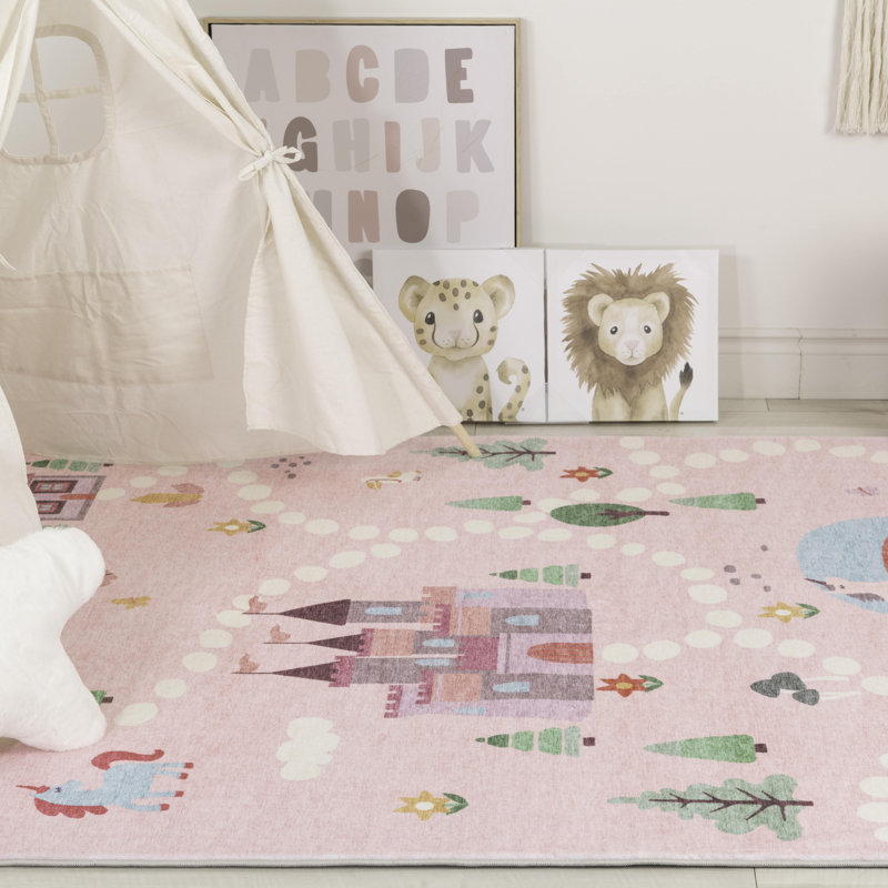 Rug Branch Everly 4' x 6' (3'11" x 5'10") Pink/White Unicorn Castle Map Kids Area Rug, Scandinavian, Medium Pile, Stain-Resistant Carpet - Playroom, Nursery, Toy Room and Bedroom