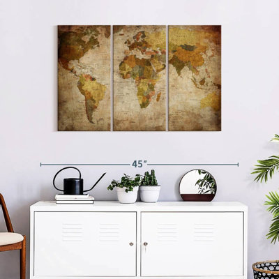 Carte du monde rétro sur toile, ensemble de 3 pièces