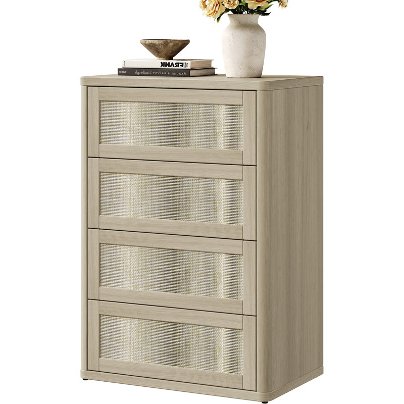Commode 4 tiroirs Consiglia Boho-Rattan, Chêne sablé