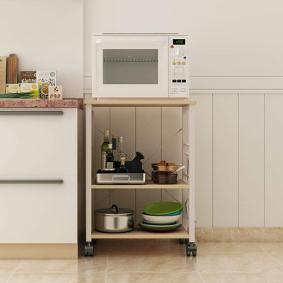 24-Inch Bakers Rack Microwave Stand With Storage Shelves And Wheels, Rolling Kitchen Organizer For Small Spaces, Coffee Bar Cart Station Table For Home Kitchen