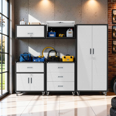 5-Piece Garage Storage Systems Set, Metal Garage Storage Cabinets with Wheels, 2 Wall Mounted Cabinets + Rolling Cabinets + Tall Pegboard Cabinet, Lockable Tool Chest Organizer