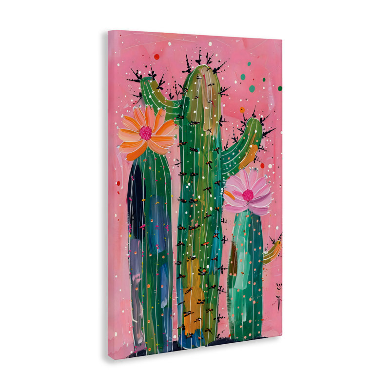 Cactus créatif sur toile rose, design par LSR Design Studio, H 30 po x l 20 po