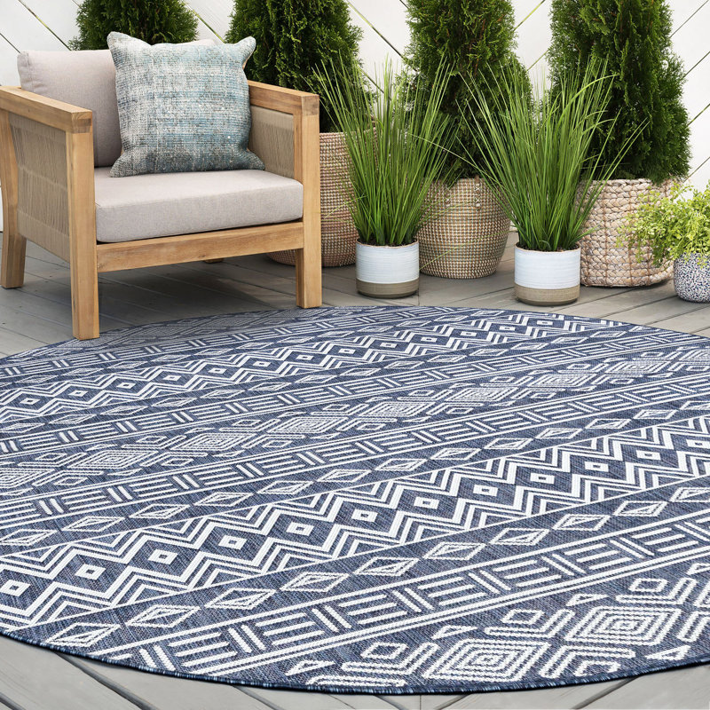 Tapis d'intérieur / extérieur bleu marine / blanc Farrington Gurney, Rond 5 pi 3 po