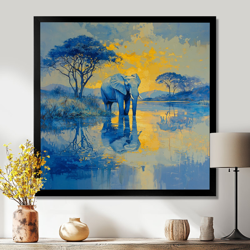Hance éléphant au bord de l'eau - éléphant, art mural, Reproduction encadrée d'une seule photo, Noir, noir, noir, noir
