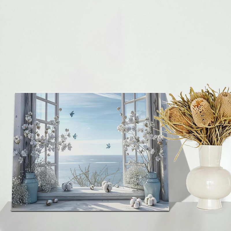 Coastal Flower Bathroom Canvas Wall Art Farmhouse Cotton Bouquet and Butterfly Bathroom on Window Wall Decor Rustic Blue Beach Butterfly Poster Print for Living Room Bedroom Restroom Home Decoration
