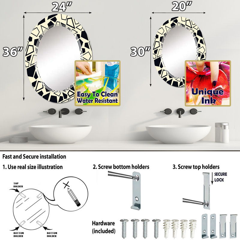 Noir et jaune abstrait géométrique - miroir mural à motif ovale, 30 po x 20 po
