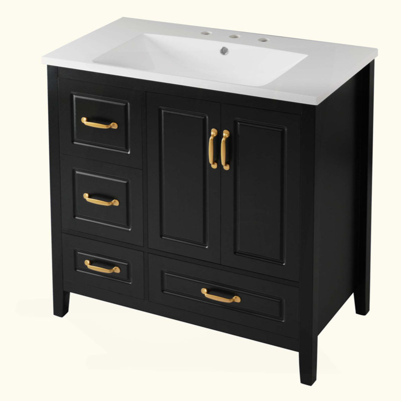 Meuble-lavabo de salle de bain avec lavabo, une armoire avec portes à fermeture douce, 4 tiroirs à fermeture douce, poignées en métal