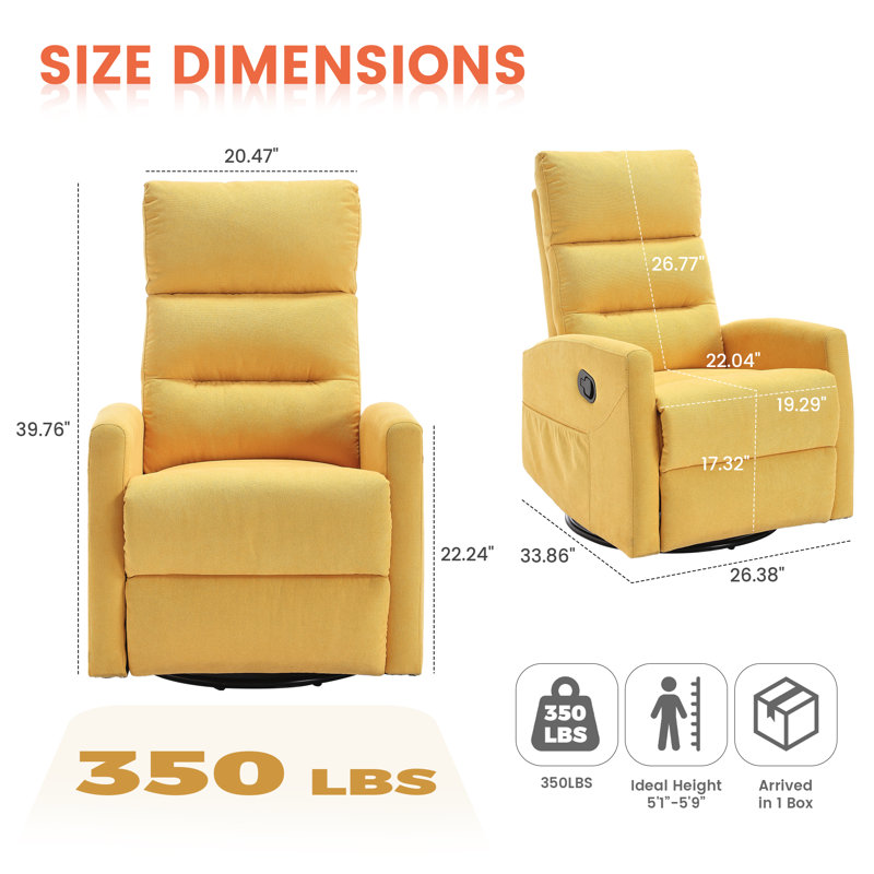 Manual Recliner Chair With Rocker And Swivel In Fabric For Living Room, Yellow