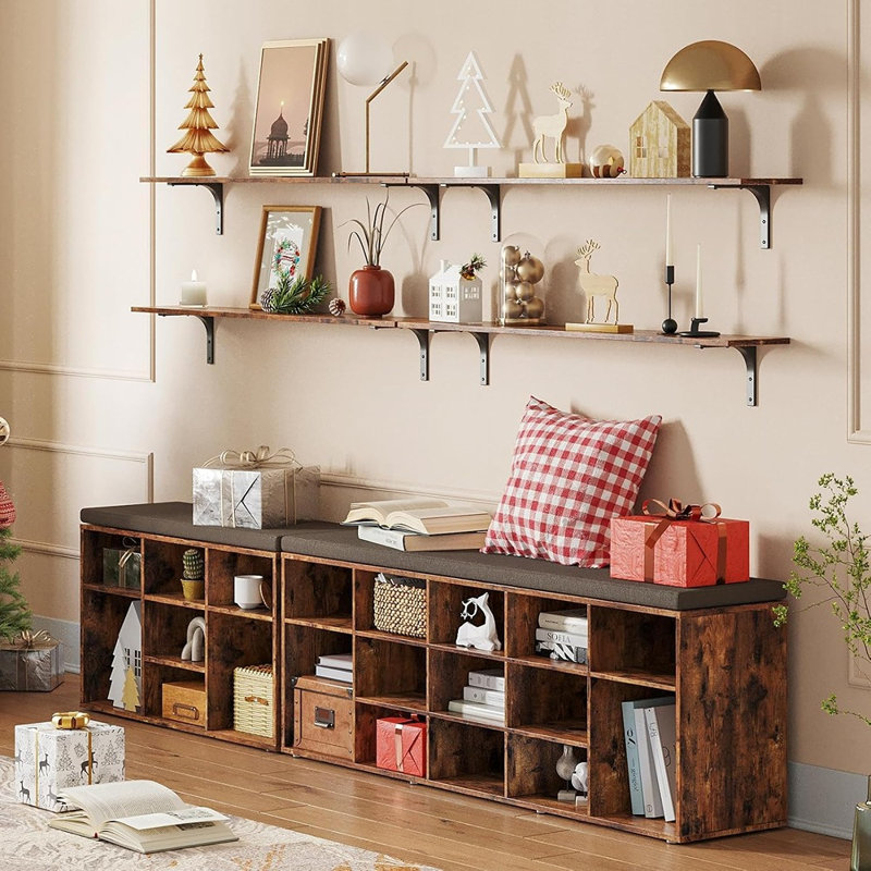 Banc de rangement à chaussures avec coussin, étagère à chaussures d'entrée à 15 compartiments avec étagères réglables, siège amovible et lavable, organisateur brun rustique pour couloir, placard et chambre