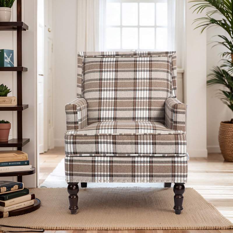 Clorice Classic Mid-Century Modern Armchair with Nailhead Trim, Brown Plaid Linen