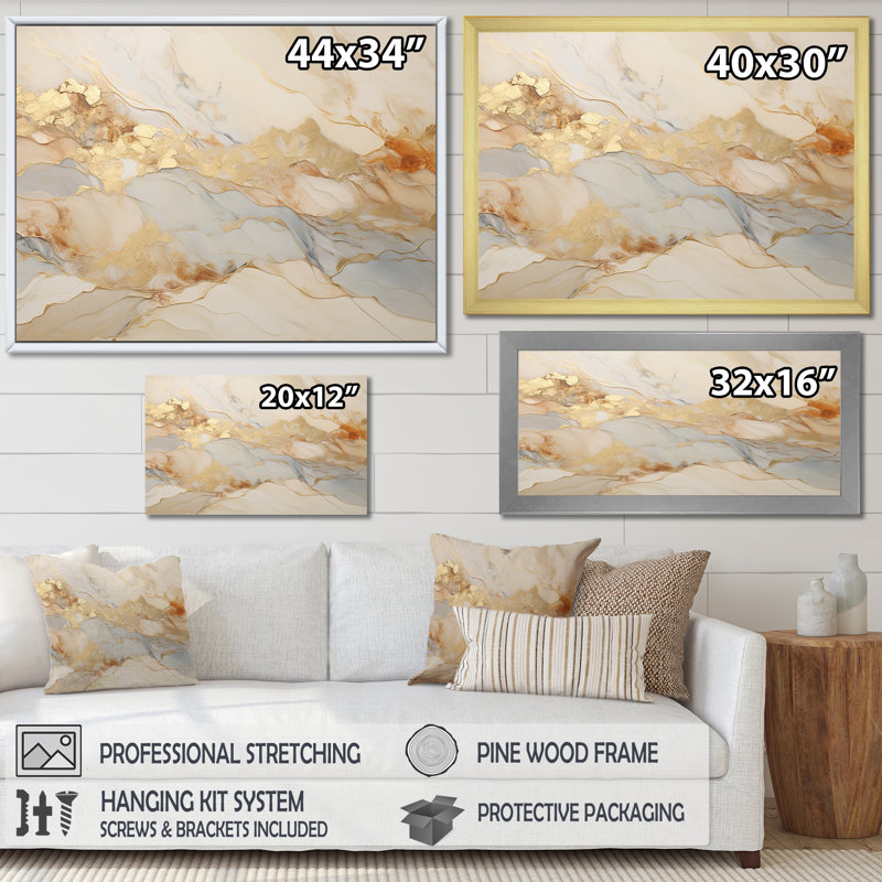 «I Beige And Gold Glacier Stone Art I», reproduction d'art sur toile abstraite, Toile tendue, H 12 po x l 20 po