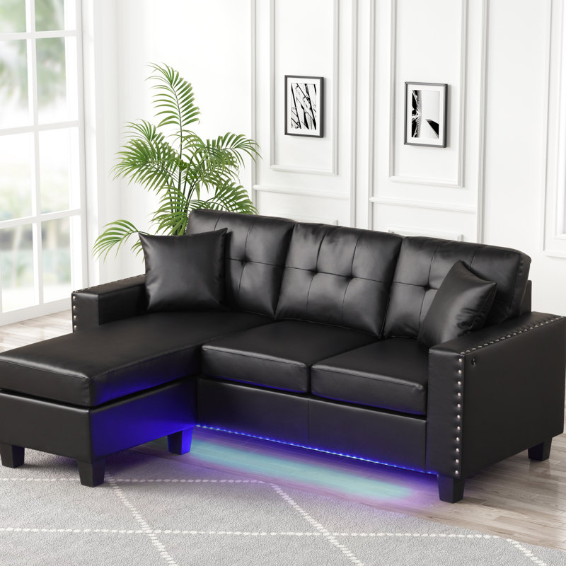 Sorenza 74"W PVC Reversible Sectional Sofa Chaise With LED Light, USB Port, Nailhead Trim, Throw Pillows, Tufted Cushion